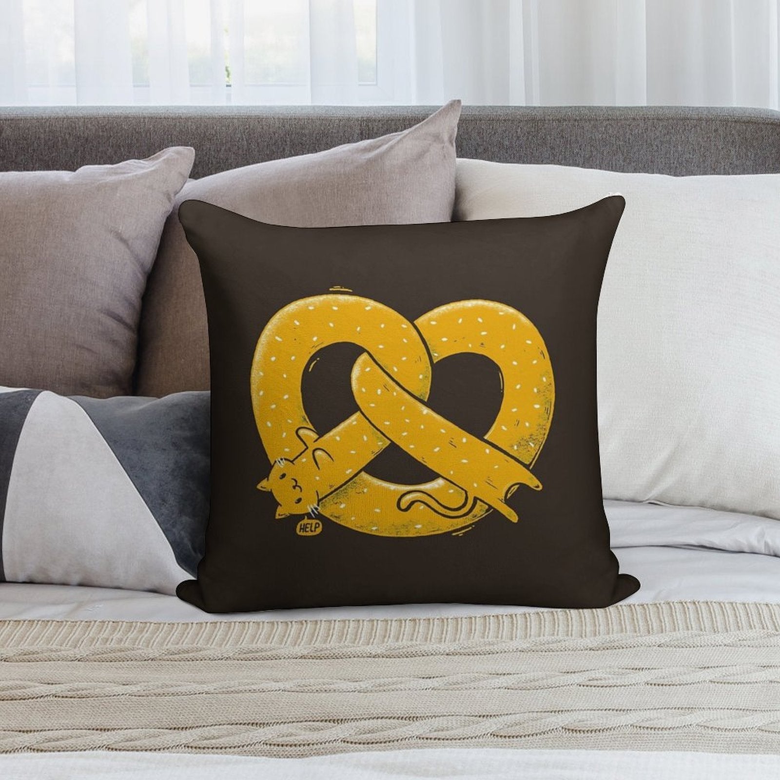 The Long Cat Is A Pretzel Soft Shrink-Resistant Throw Pillow