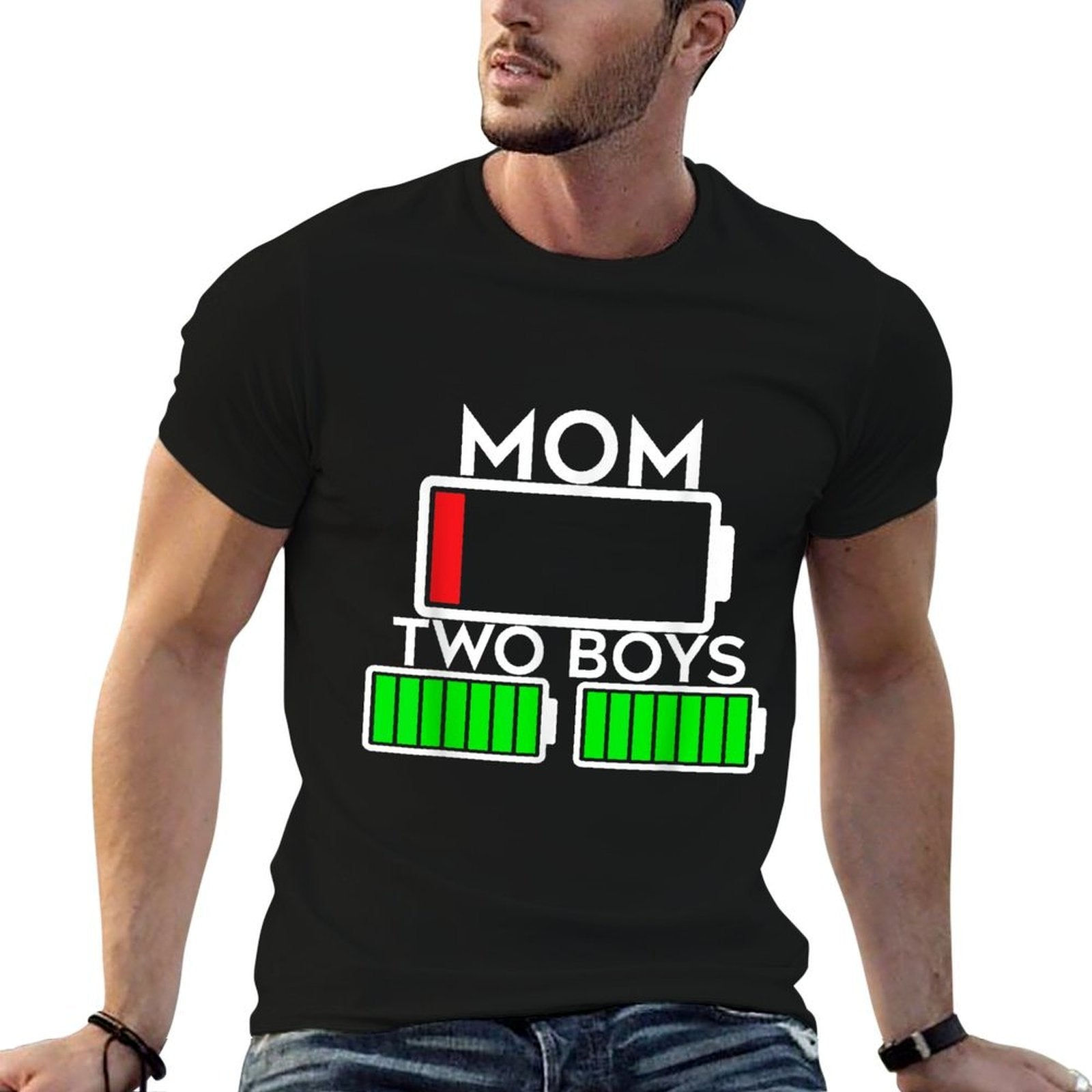 Funny Tired Mom of Two Boys Battery Low Design  Oversized Silhouette T-Shirt