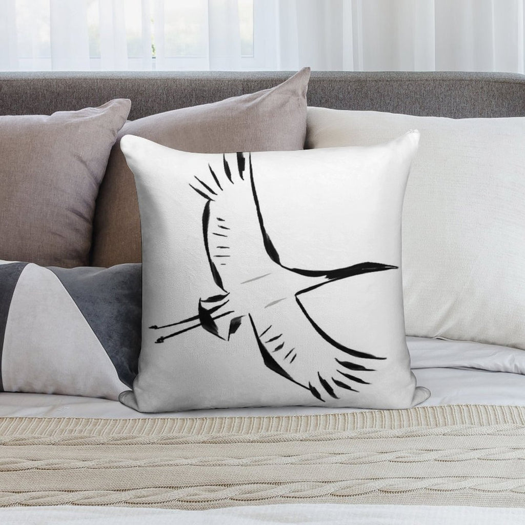 Japanese Crane in Flight Soft Short Plush Fabric Throw Pillow
