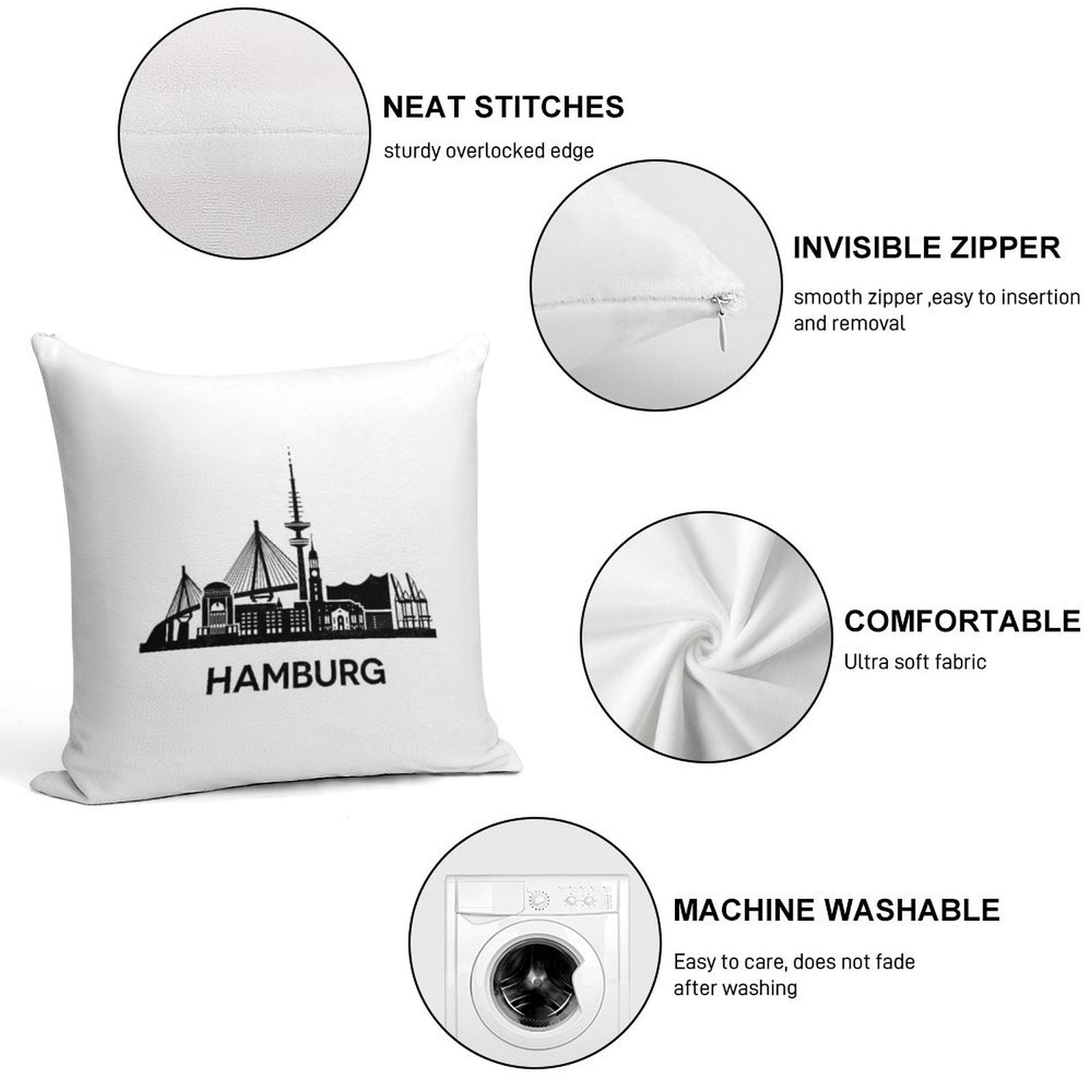 Detailed Hamburg Skyline Silhouette Black Soft Shrink-Resistant Throw Pillow