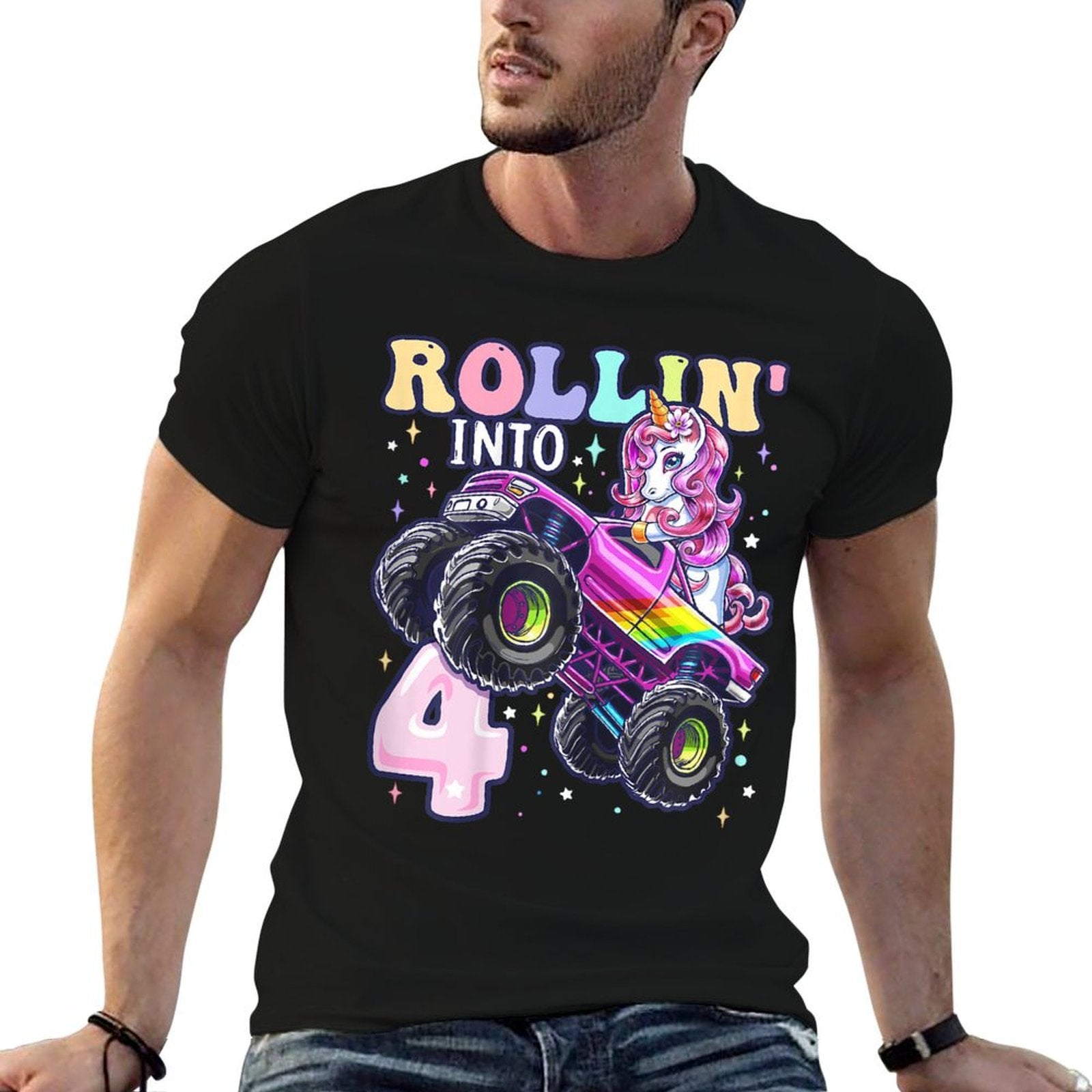 Unicorn Monster Truck 4th Birthday 4 Year Old Girls Party  Breathable T-Shirt