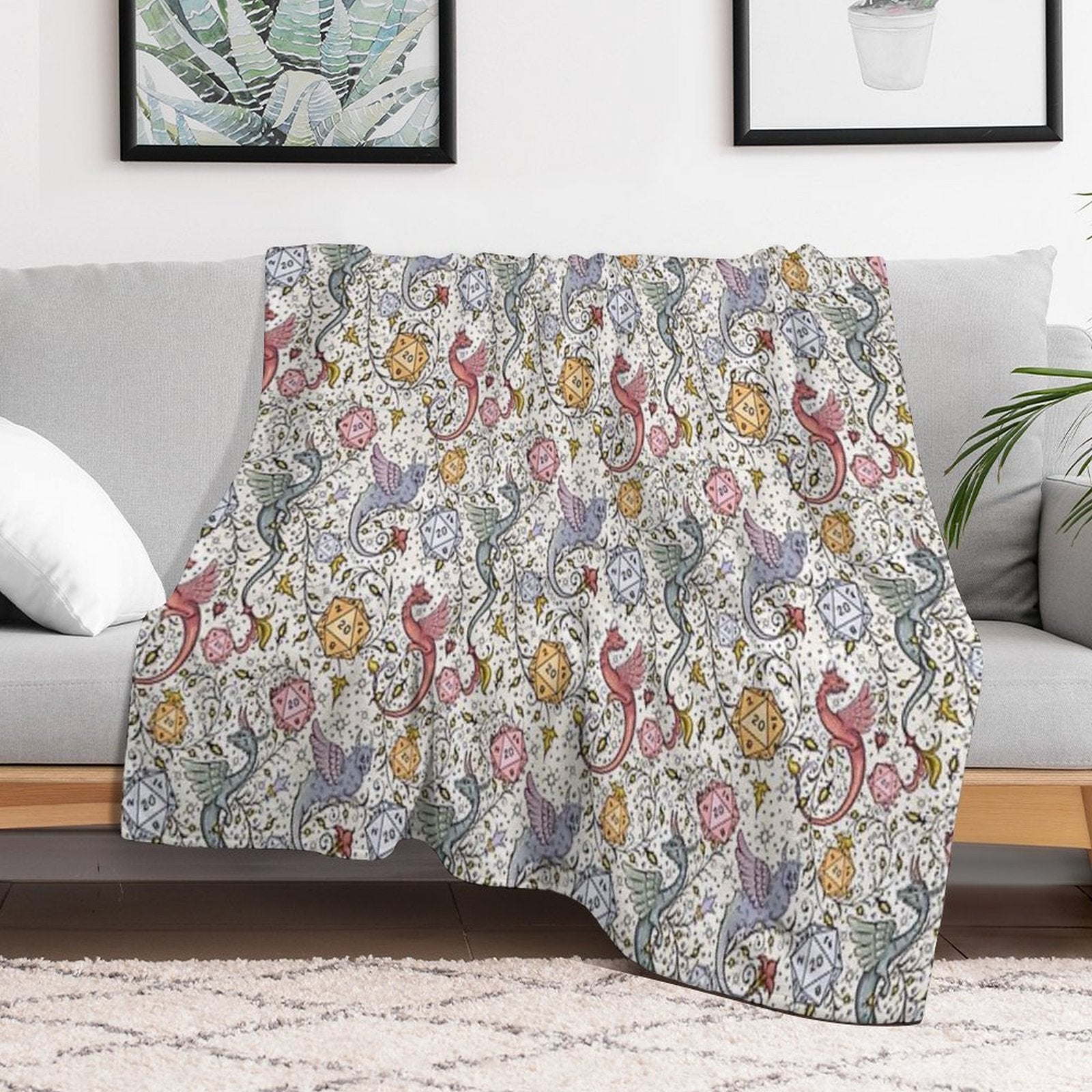 VINTAGE MEDIEVAL DRAGON AND D20 DICE, Dnd Pattern, Floral, Blue, Yellow, Pink Durable Throw Blanket