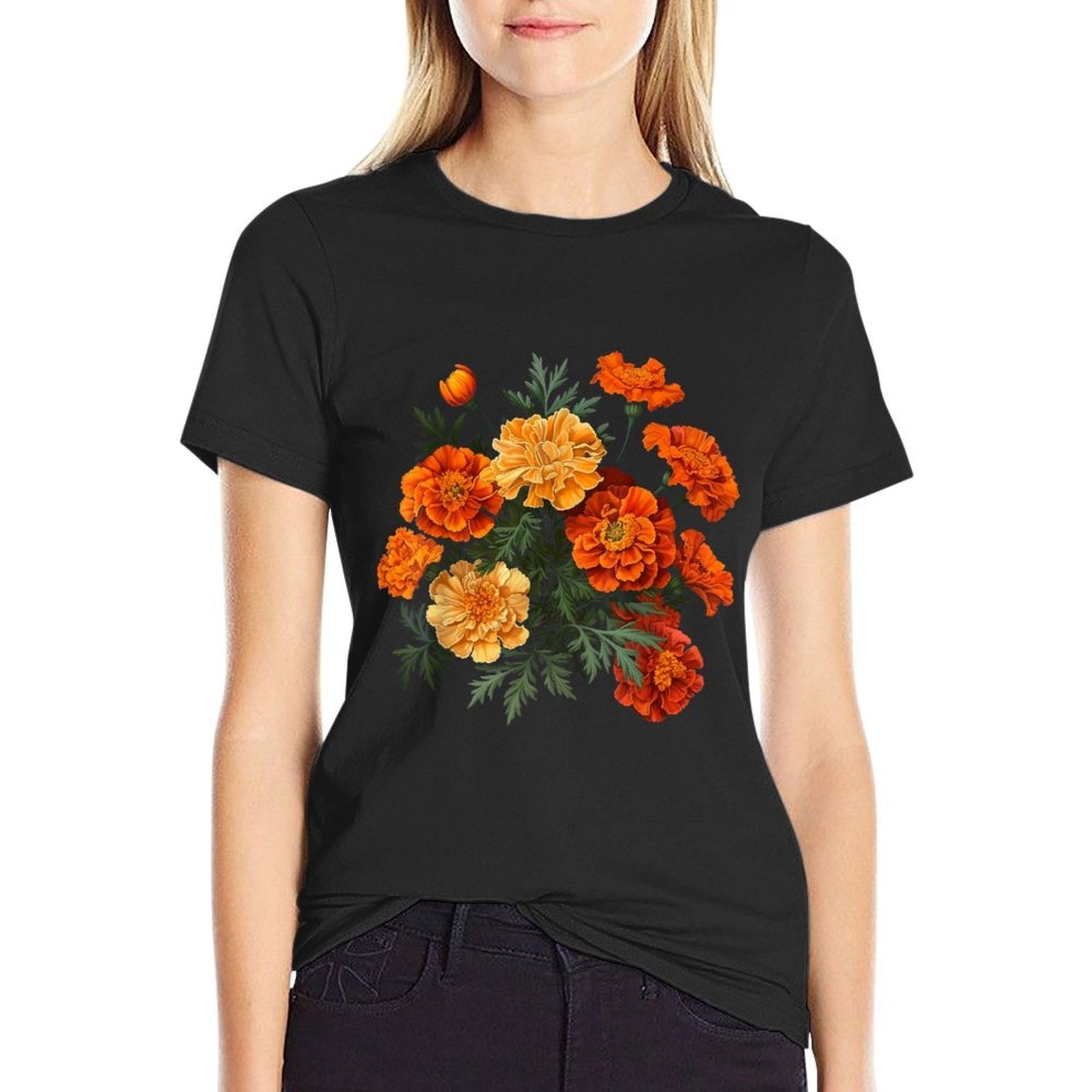 Birth Month Marigold Flower Floral Bouquet Flowers Lovers  Slim-fit Cut T-Shirt
