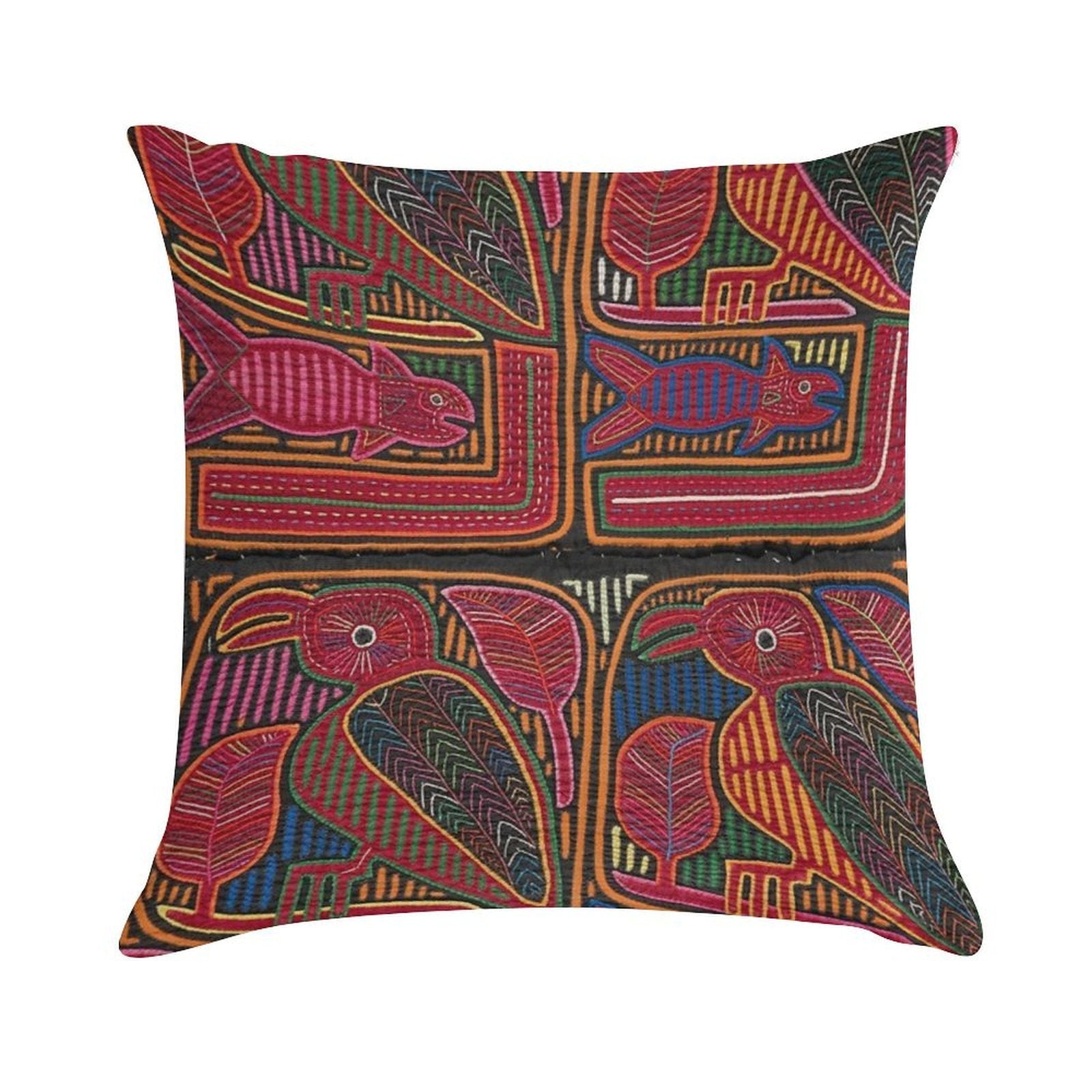 Birds And Fish Vintage Mola Textile Soft Skin-Friendly Throw Pillow