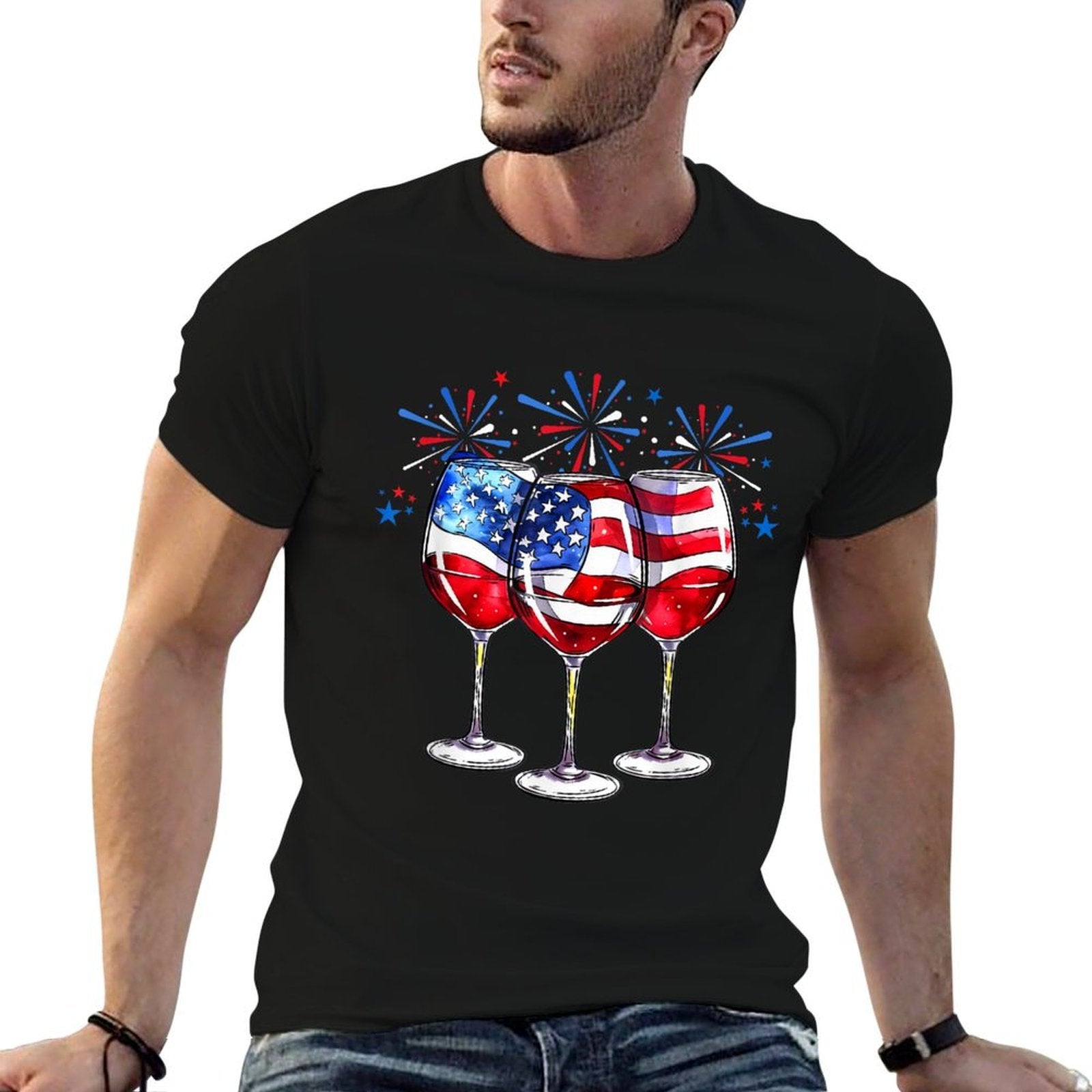 4th Of July Wine Glasses Patriotic Red White Blue USA  Cotton T-Shirt
