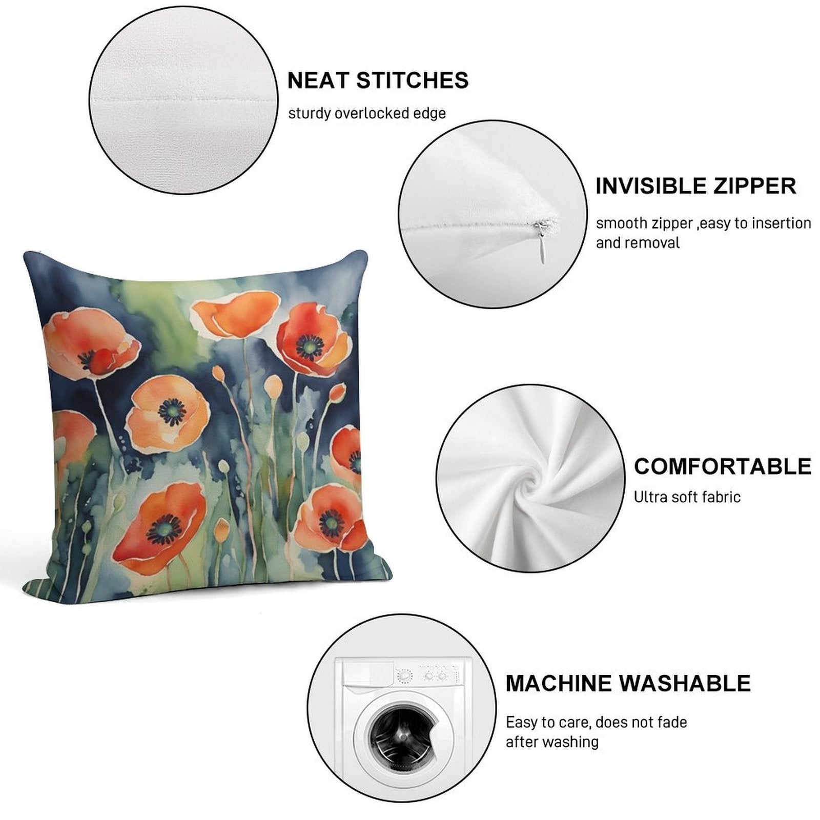 Poppies,  Romantic Elegant Pattern Watercolor Field of Poppies Florals Pattern , Soft Easy Maintenance Throw Pillow