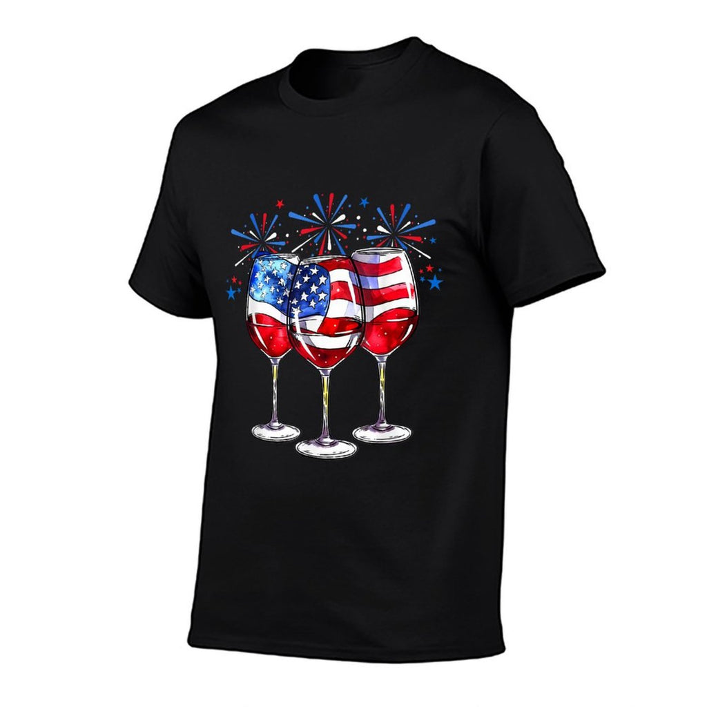 4th Of July Wine Glasses Patriotic Red White Blue USA  Cotton T-Shirt