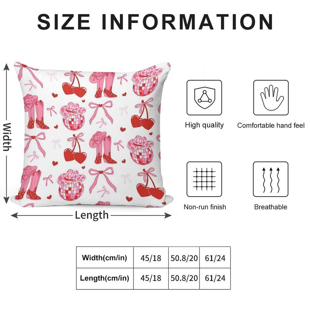 Disco Cowgirl Pack. Pink Cowboy Boot, Disco Ball, Cherry, Bows And Cowgirl Hat. Soft High-Density Material Throw Pillow