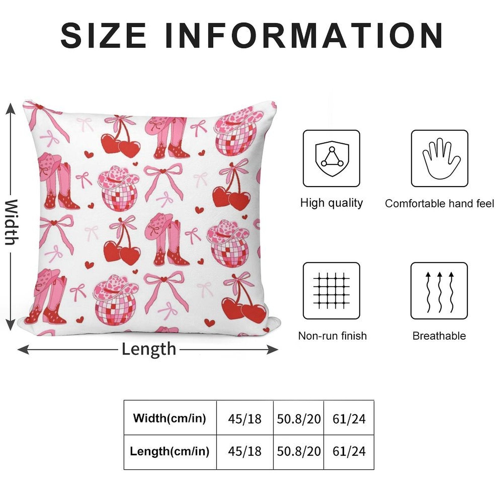 Disco Cowgirl Pack. Pink Cowboy Boot, Disco Ball, Cherry, Bows And Cowgirl Hat. Soft High-Density Material Throw Pillow
