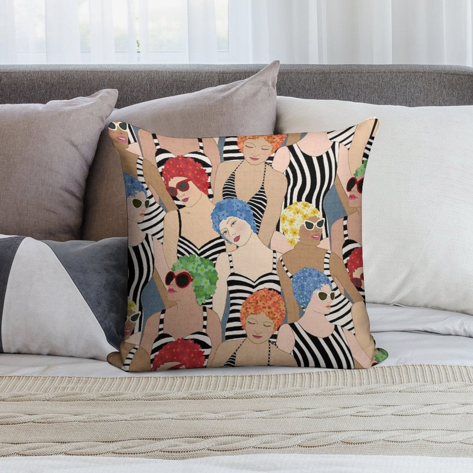 Willow Lake Swim Club Vintage Ladies Bright Soft Reinforced Edging Throw Pillow