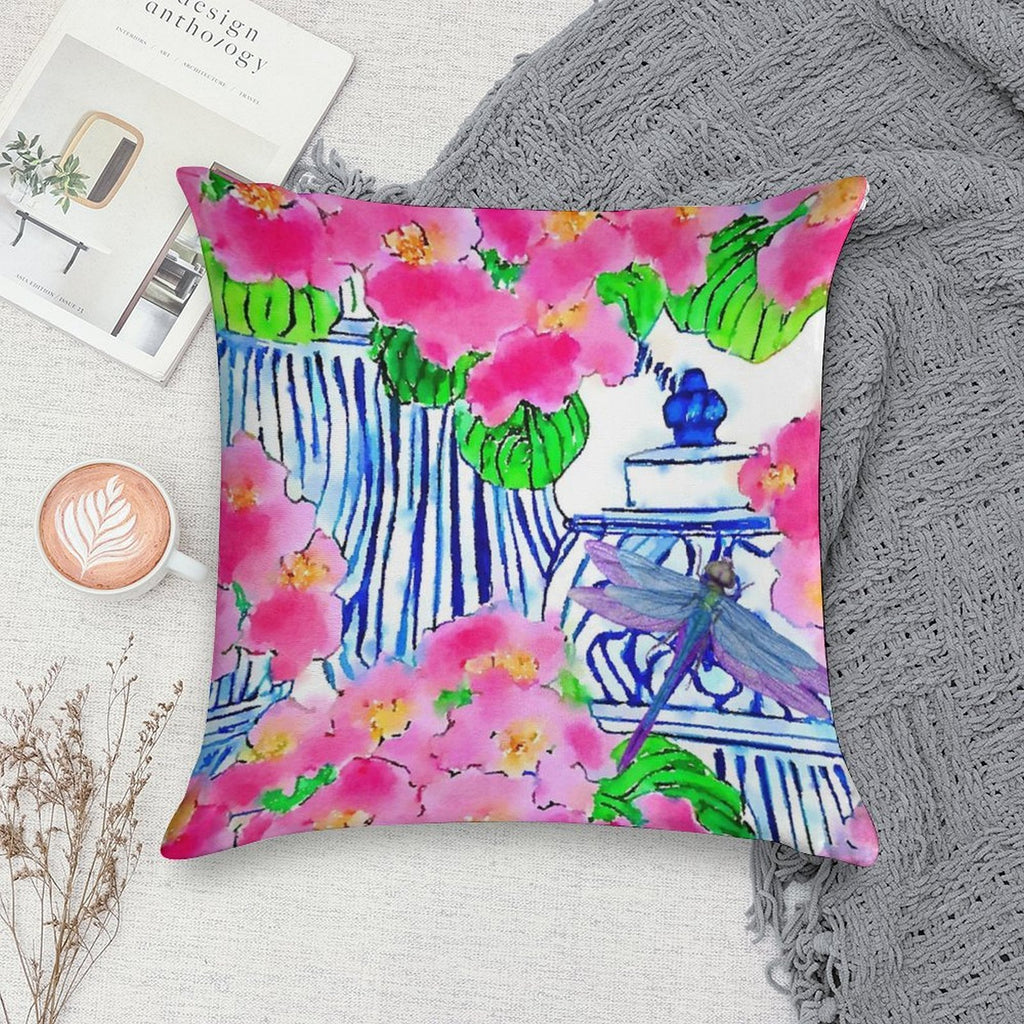Dragonfly And Chinoiserie Jars with Pink Pansies Soft High-Density Material Throw Pillow