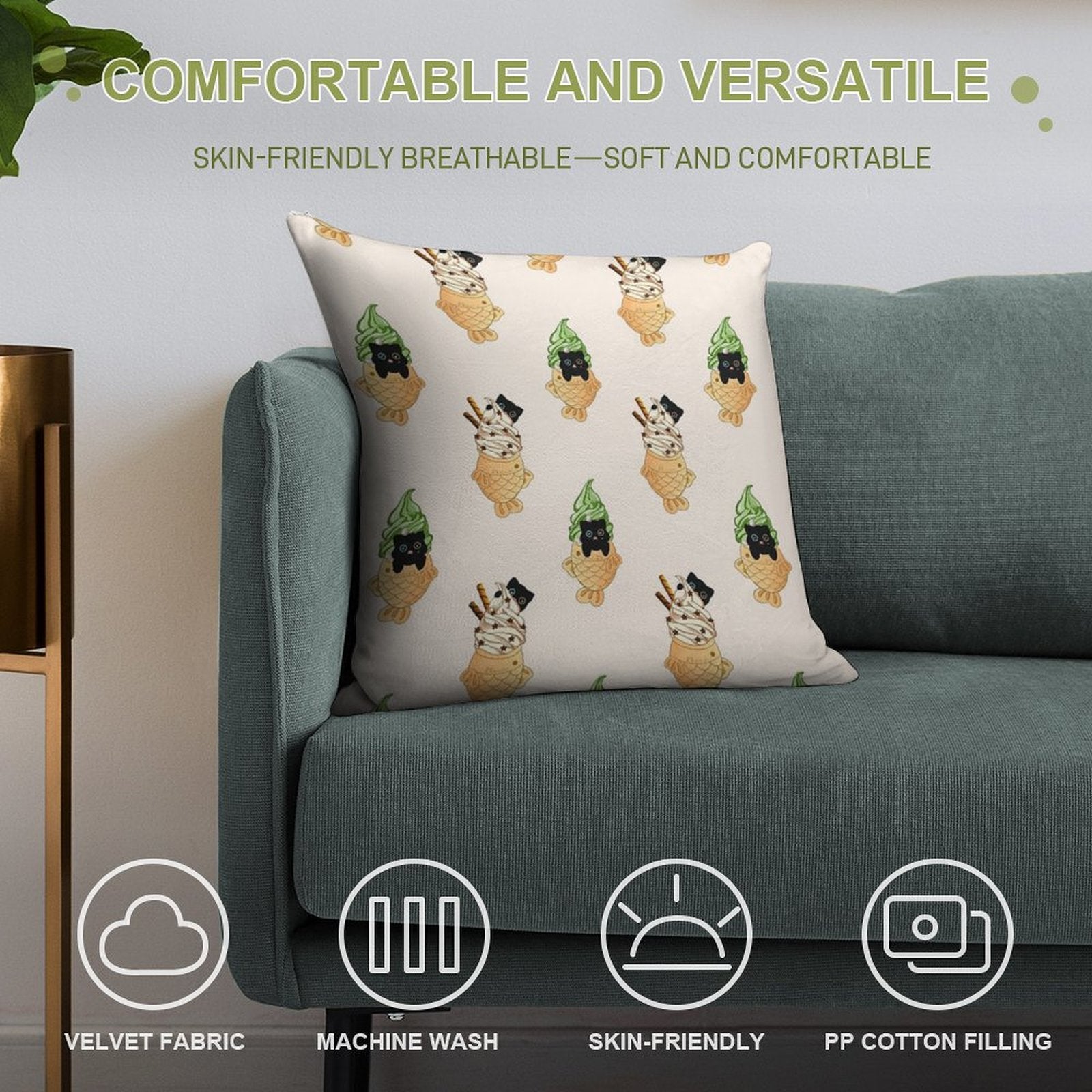 Cute Cat Taiyaki Fish Ice Cream Set Soft Home Decor Throw Pillow