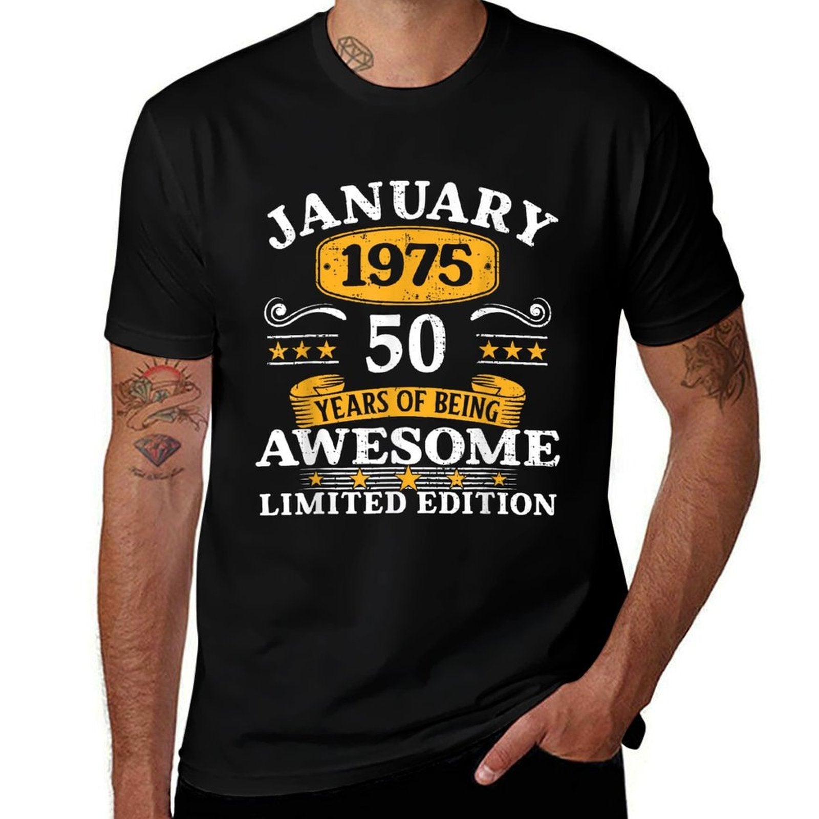 50 Years Old Awesome Since January 1975 50th Birthday Gifts  Ribbed Collar T-Shirt