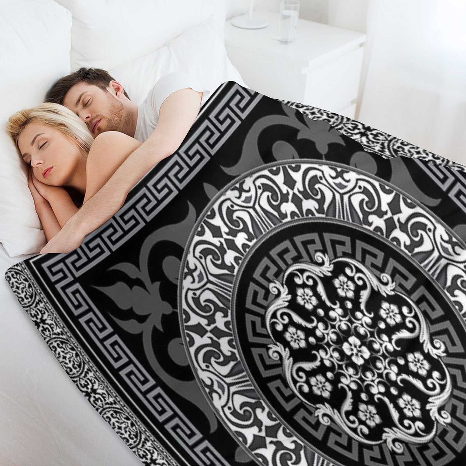 Ornate Baroque Black Grey White Greek Key Plush Throw Blanket