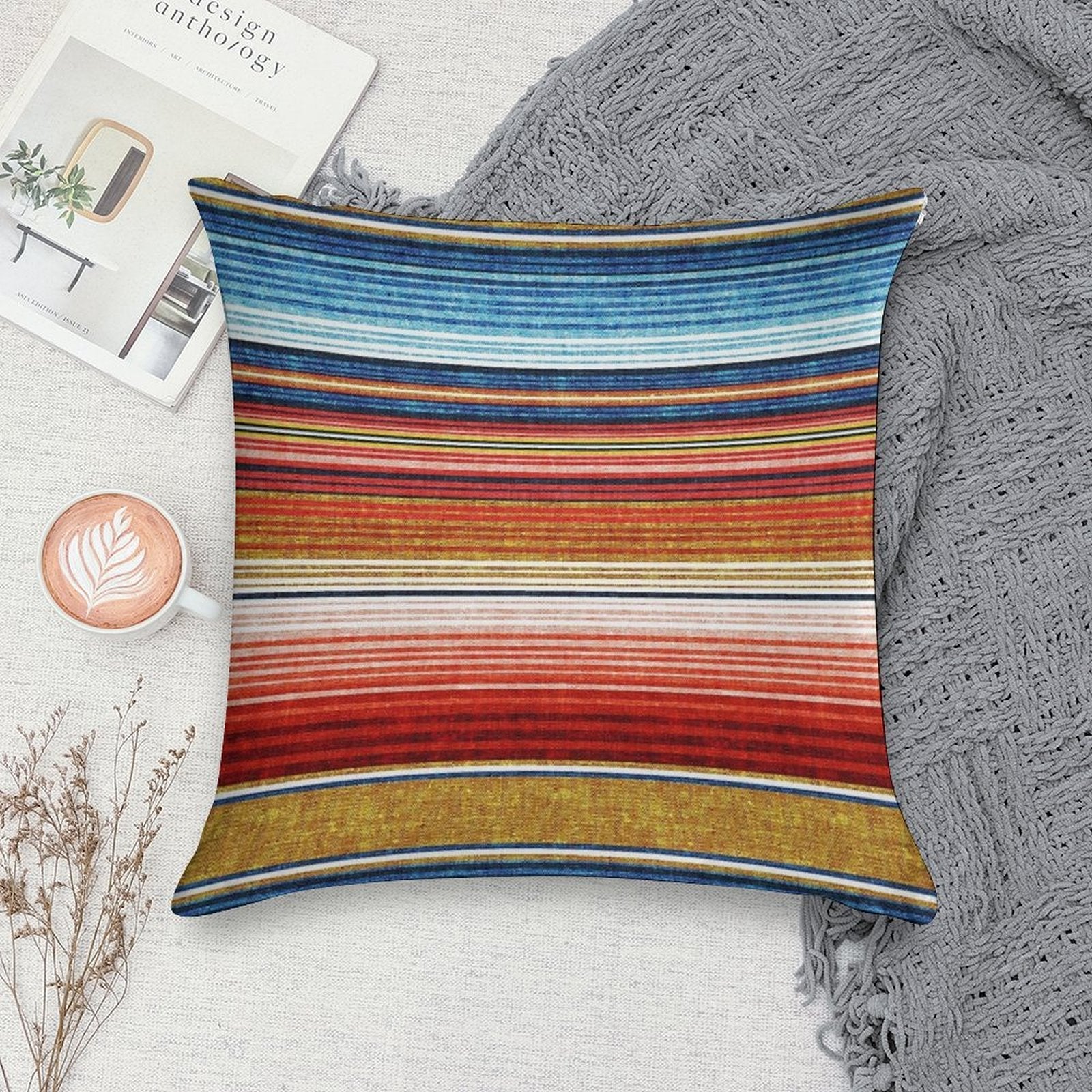 Serape Stripe - Orange And Blue Soft Home Decor Throw Pillow