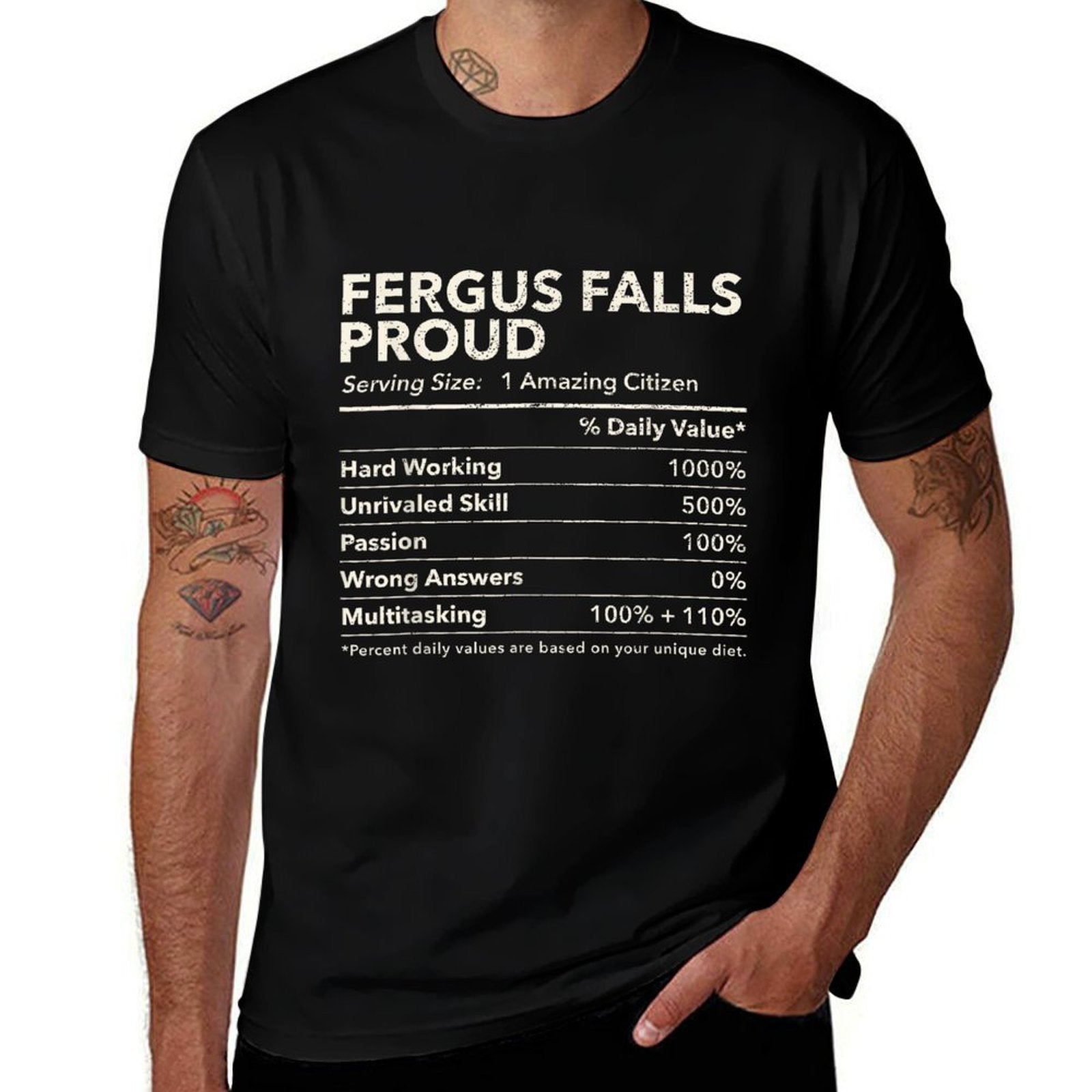 Fergus Falls, Minnesota Proud Nutrition Facts  Eco-friendly Material T-Shirt