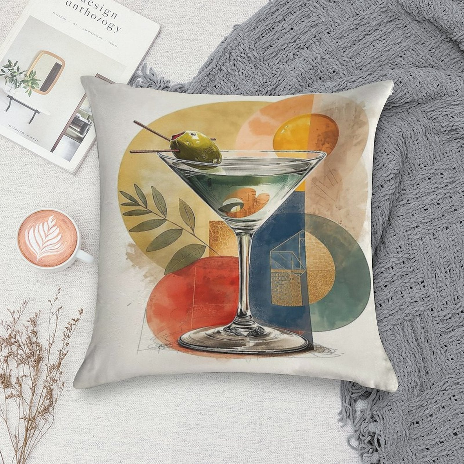 Martini Time – Retro Cocktail Poster with Bauhaus Geometry Soft Multiple Sizes Throw Pillow