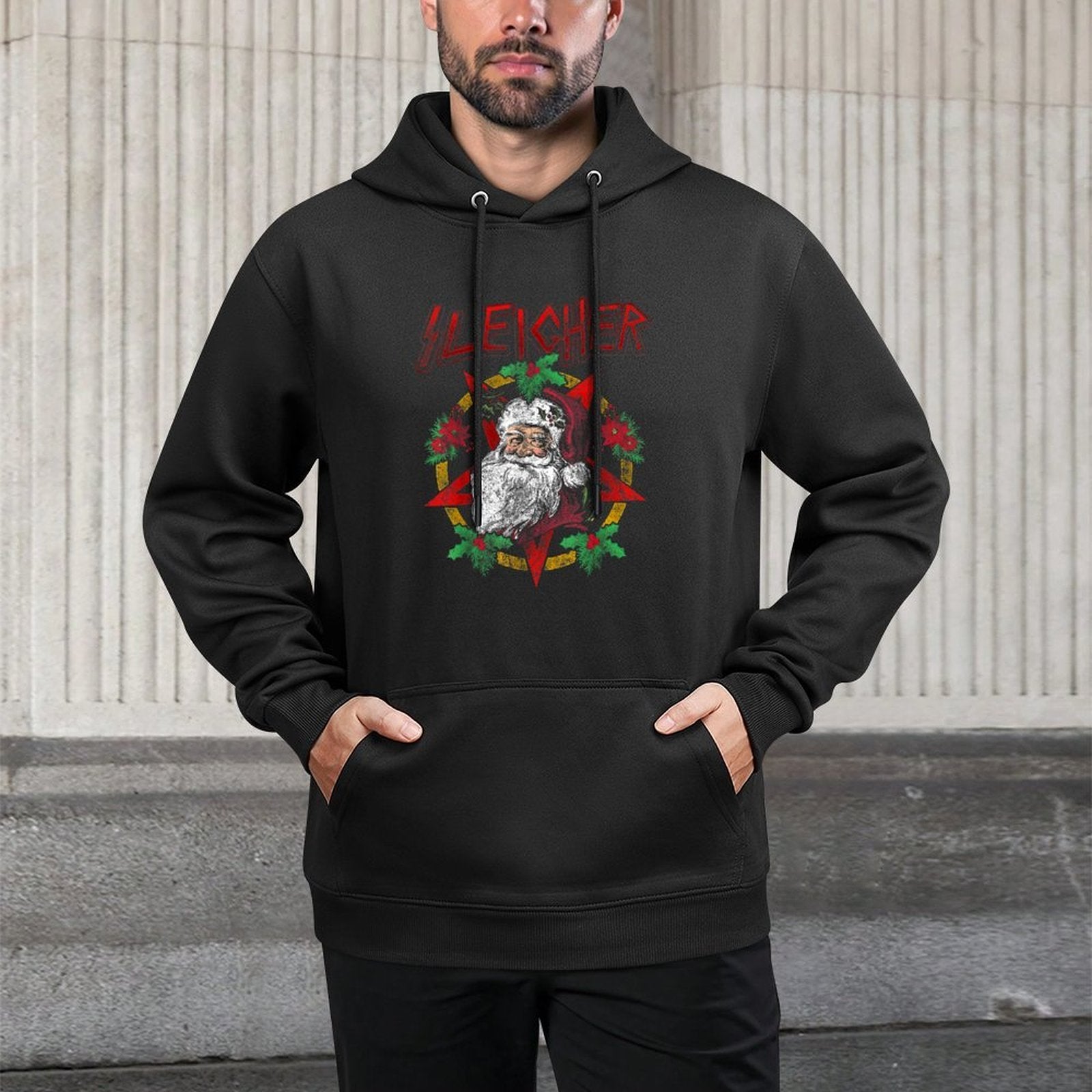 Sleigher - Heavy Metal Santa Claus - Christmas Xmas Gift Cotton-Polyester Blend Hoodie