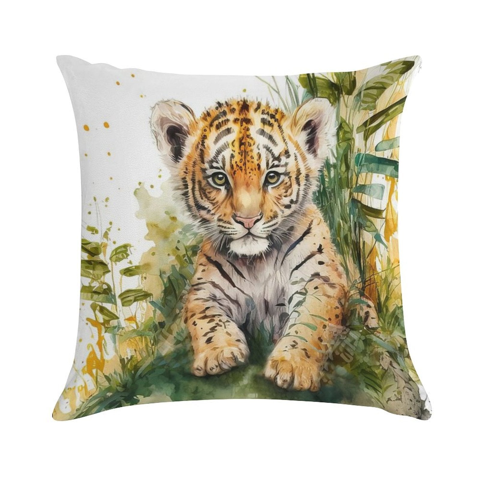 Watercolor Cute Baby Tiger Portrait, Little Tiger Cub in A Jungle Soft Warmth Comfort Throw Pillow