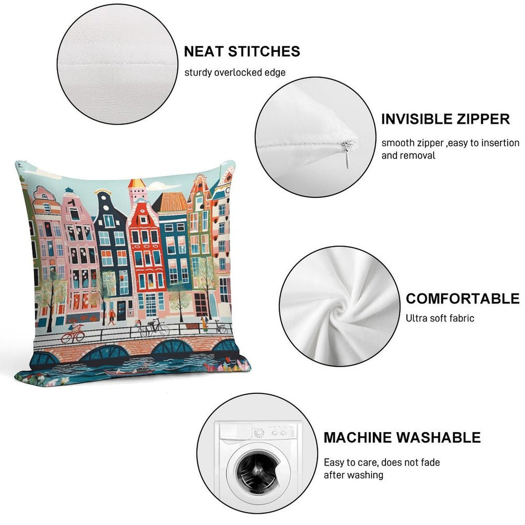 Amsterdam Canal Poster - Colorful Houses And Buildings Illustration Soft Gift Ready Throw Pillow