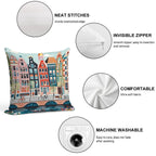 Amsterdam Canal Poster - Colorful Houses And Buildings Illustration Soft Gift Ready Throw Pillow