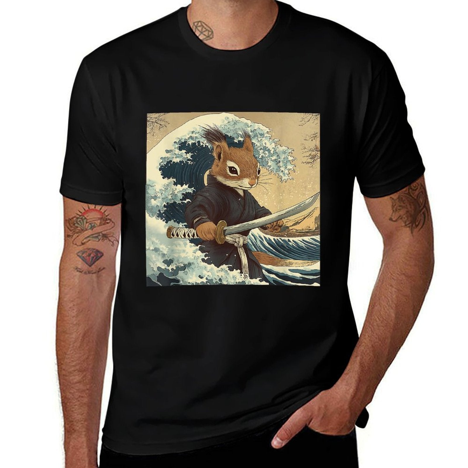 Squirrel Samurai Warrior Vintage Japanese Art Anime  Cotton T-Shirt