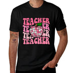 Retro Pink Disco Ball Apple Teacher Colorful Back To School  Durable T-Shirt