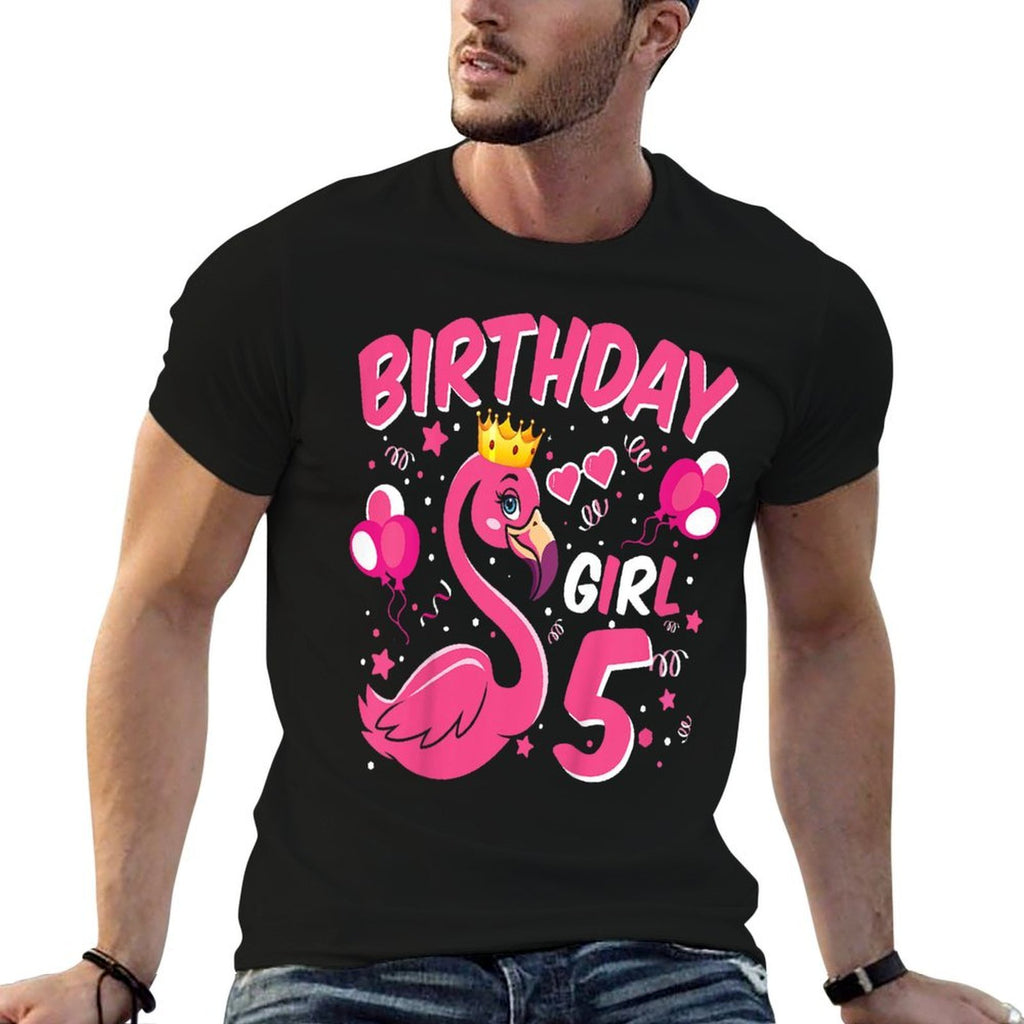 Kids 5th Birthday Gift Flamingo Fan 5 Year Old Girls 5th Bday  Trendy Pattern T-Shirt
