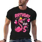 Kids 5th Birthday Gift Flamingo Fan 5 Year Old Girls 5th Bday  Trendy Pattern T-Shirt