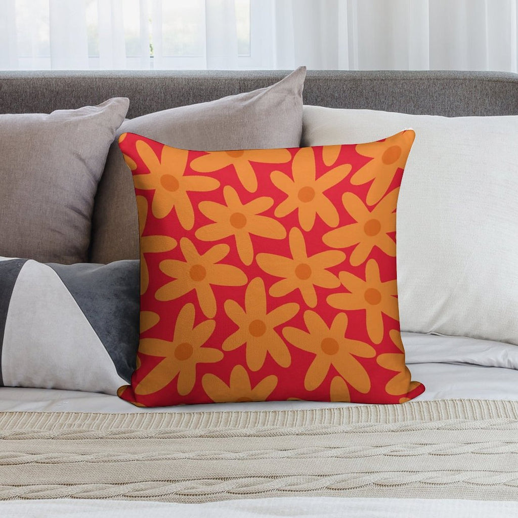 Daisy Time Retro Floral Pattern in Orange And Red Soft Gift Ready Throw Pillow