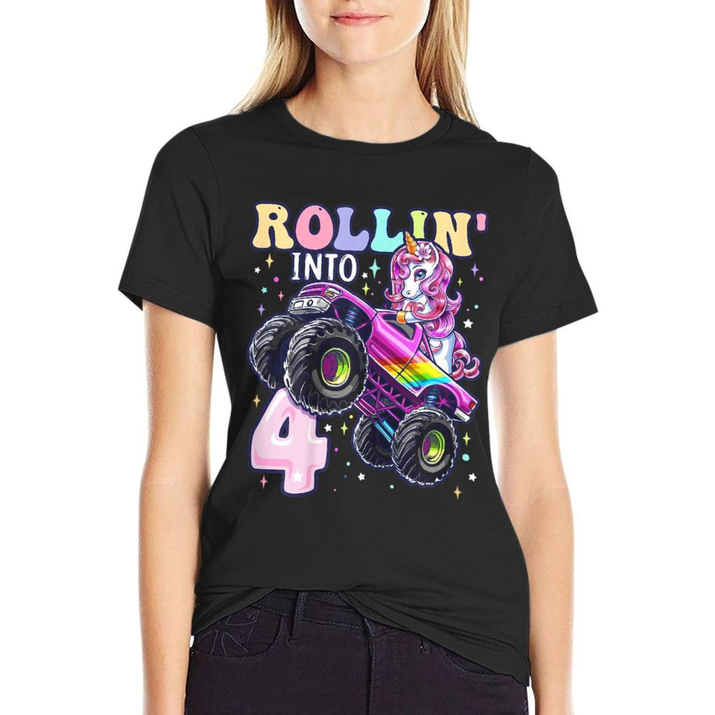 Unicorn Monster Truck 4th Birthday 4 Year Old Girls Party  Breathable T-Shirt