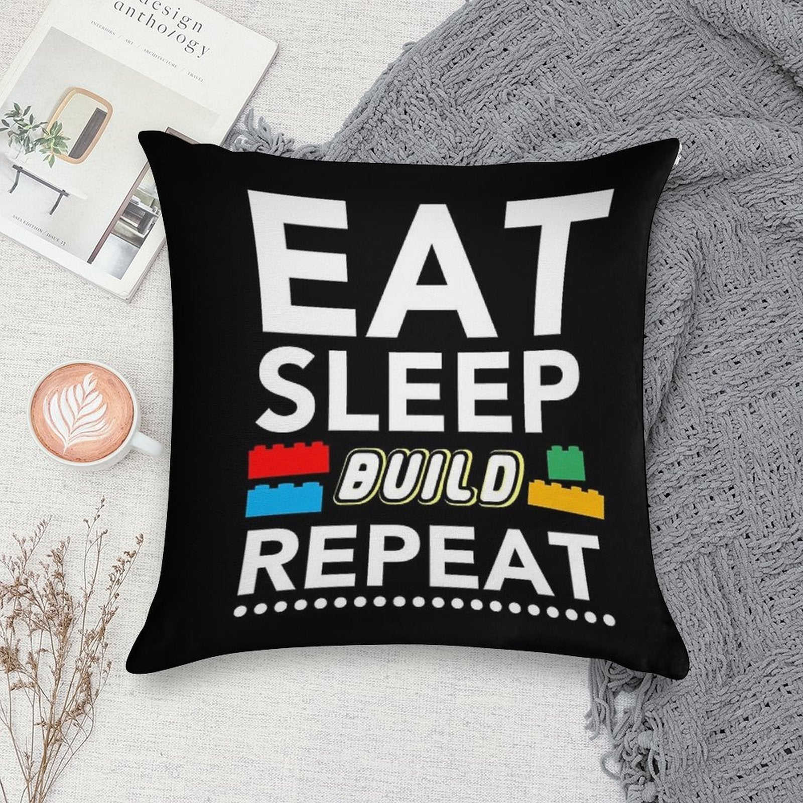 Eat Sleep Build Repeat Building Blocks Bricks Master Builder Soft Gift Ready Throw Pillow