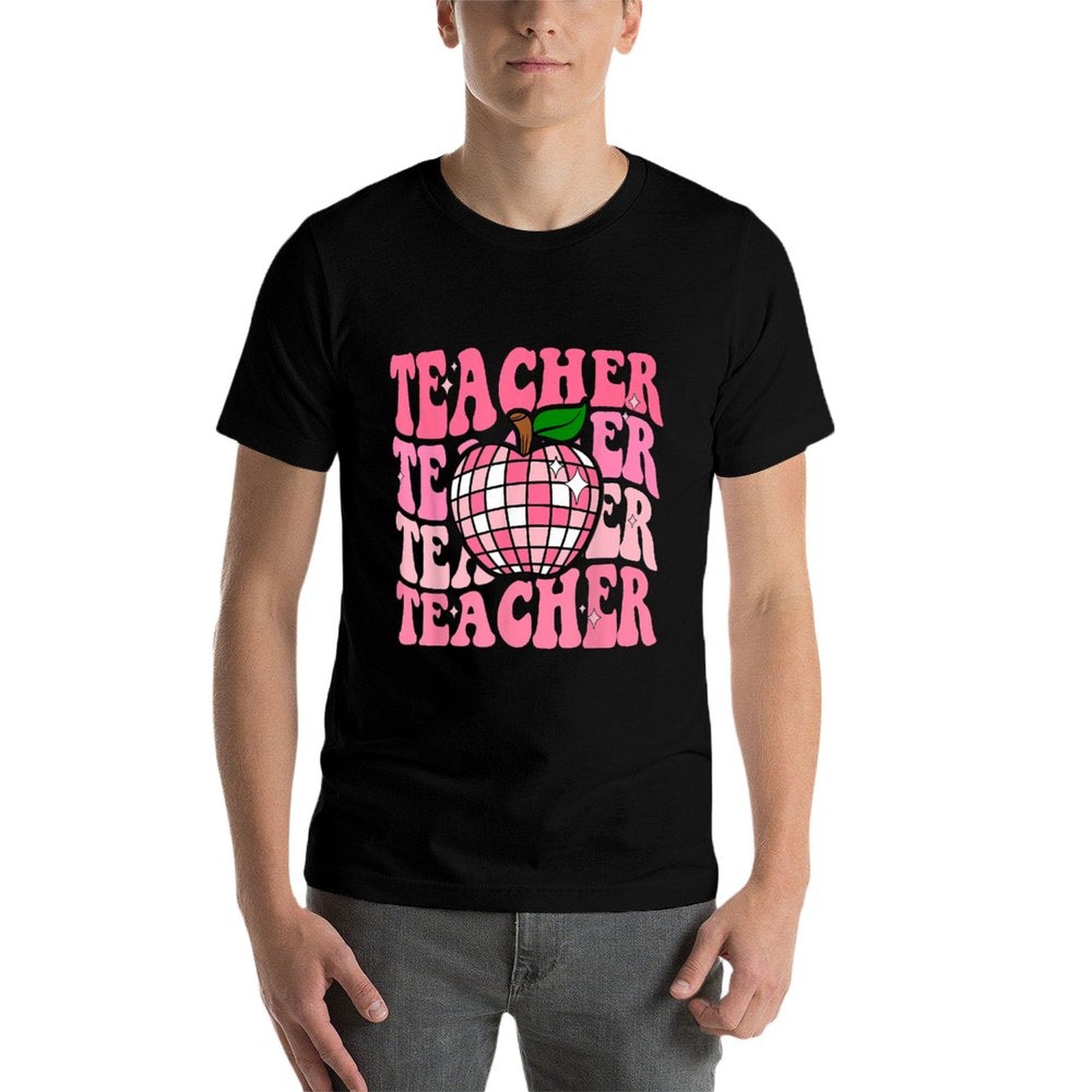 Retro Pink Disco Ball Apple Teacher Colorful Back To School  Durable T-Shirt