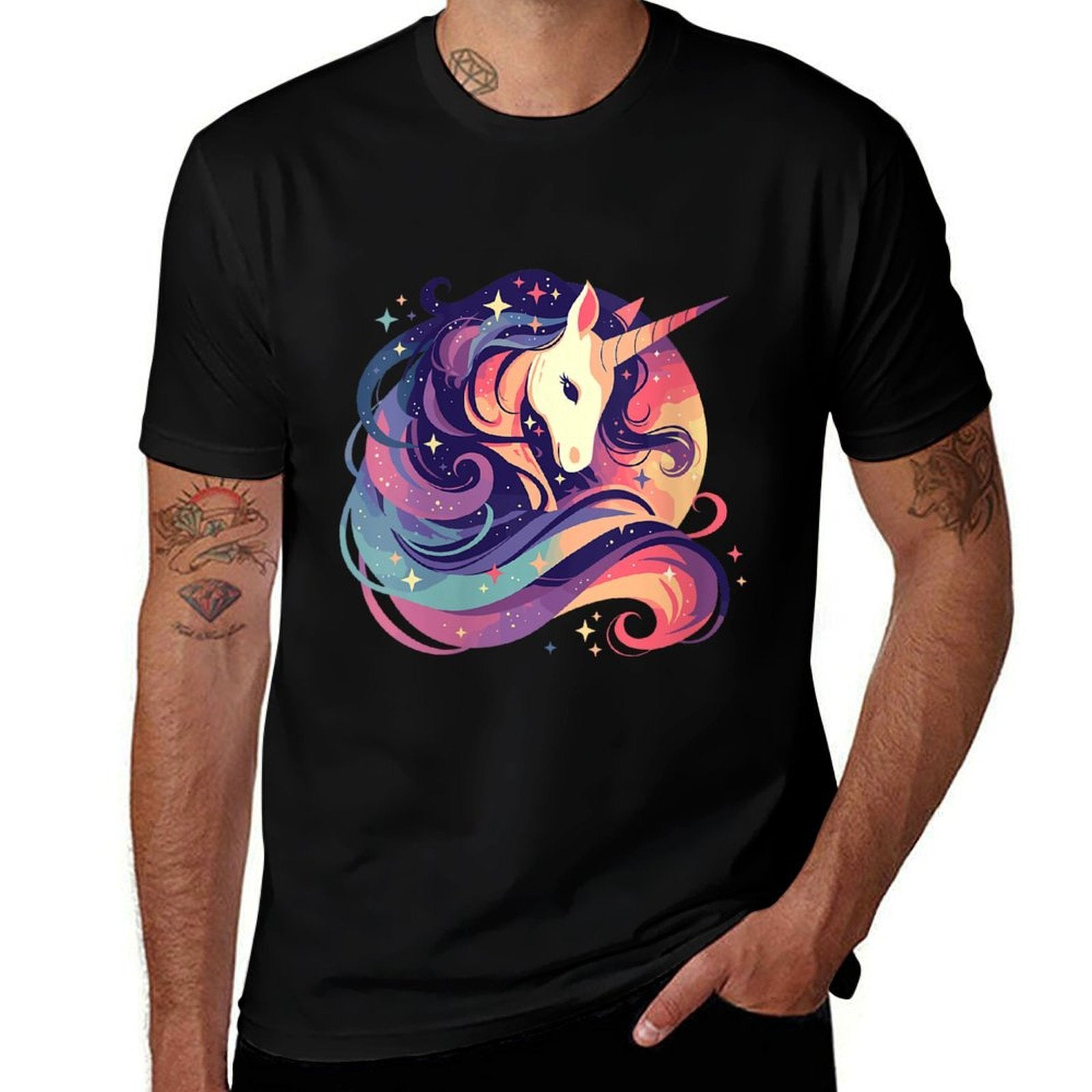 Womens Majestic Sunset Unicorn Art Mystical Creature Fantasy  Graphic-printed T-Shirt