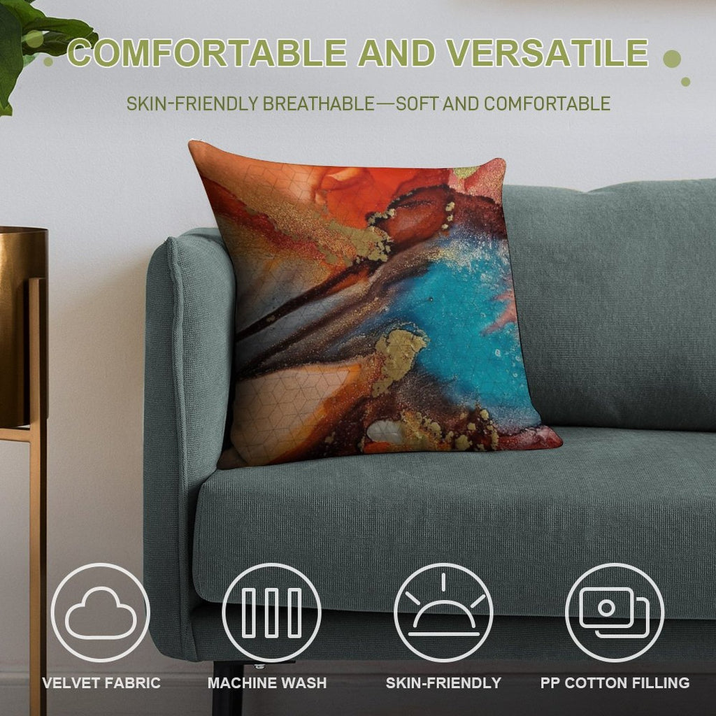 Rust, Aqua Blue, Brown & Gold Metallic  - Fluid Artist - Abstract Modern Art Alcohol Ink Painting Soft Easy Maintenance Throw Pillow