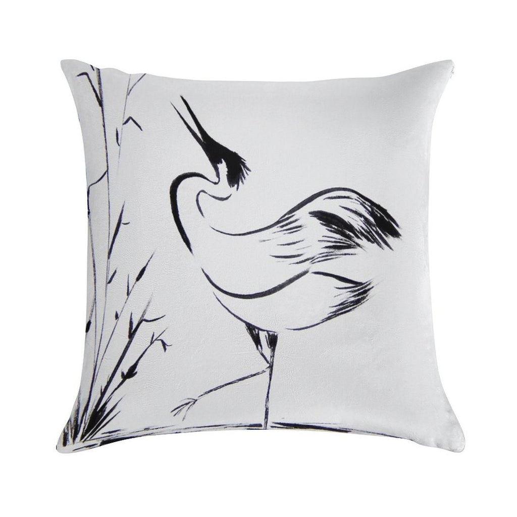 Crane in Water Looking Up  Minimalist Line Drawing  Cranes Zen Art Soft Decorative Cover Throw Pillow
