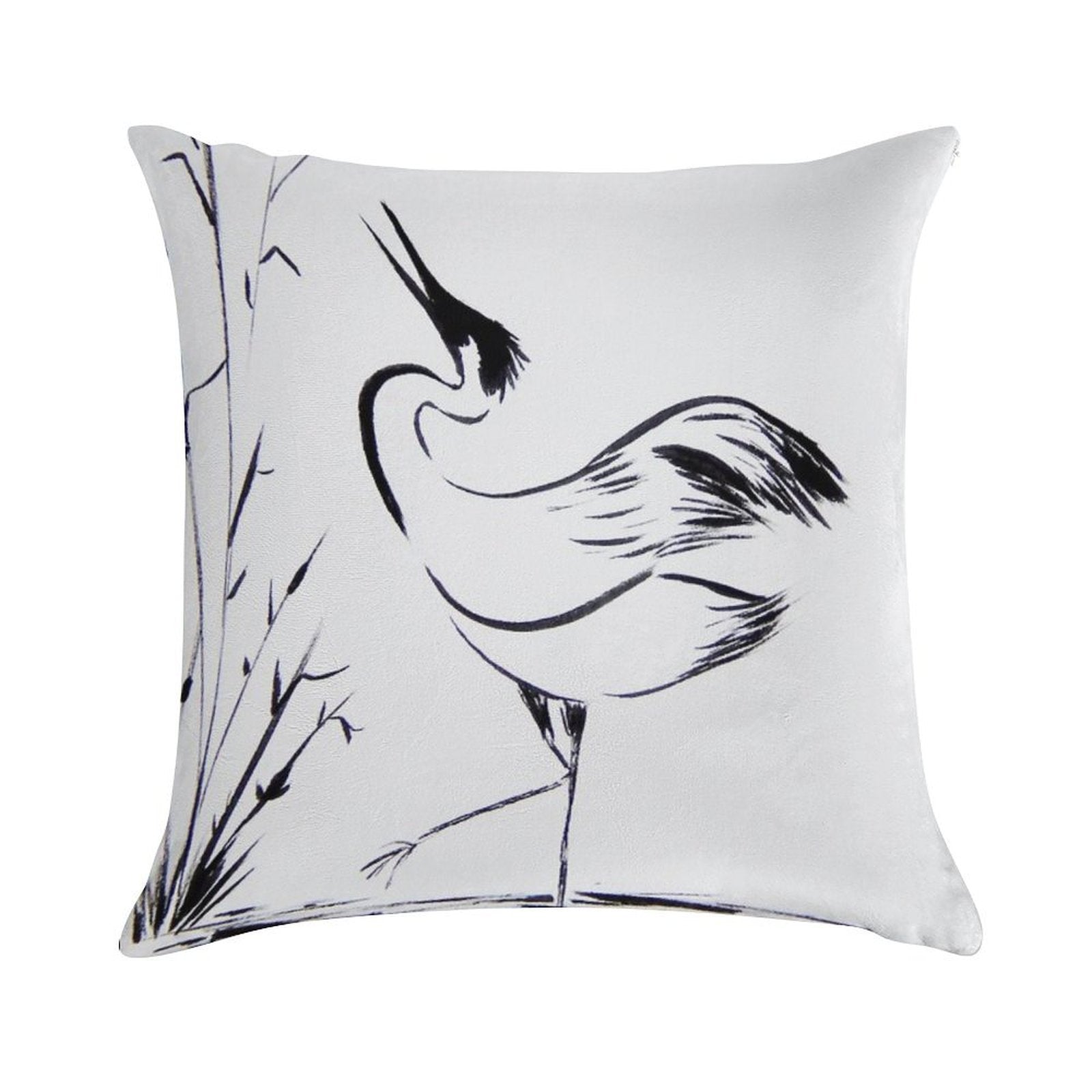 Crane in Water Looking Up  Minimalist Line Drawing  Cranes Zen Art Soft Decorative Cover Throw Pillow
