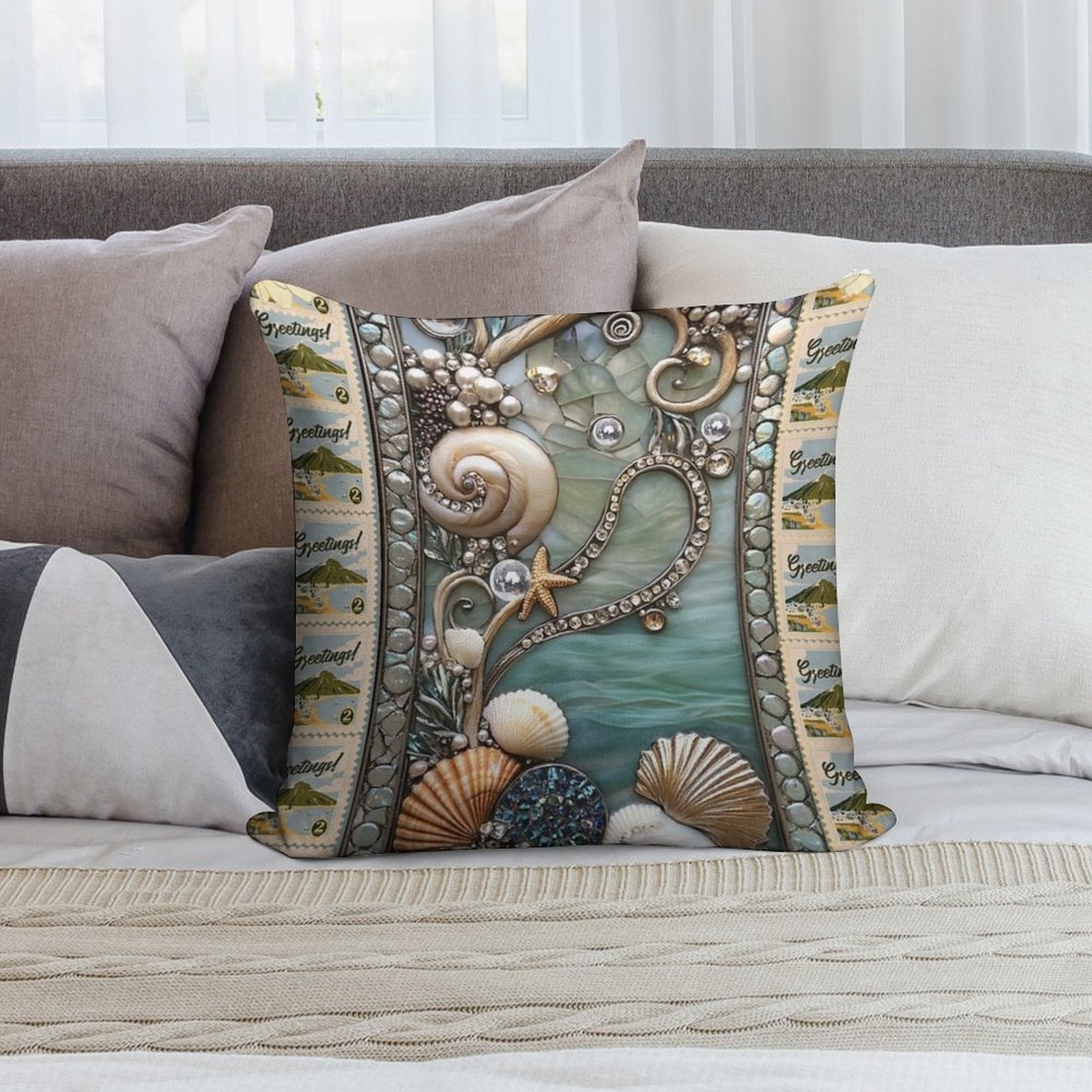 Ocean Mosaic with Jewels Soft Durable Construction Throw Pillow