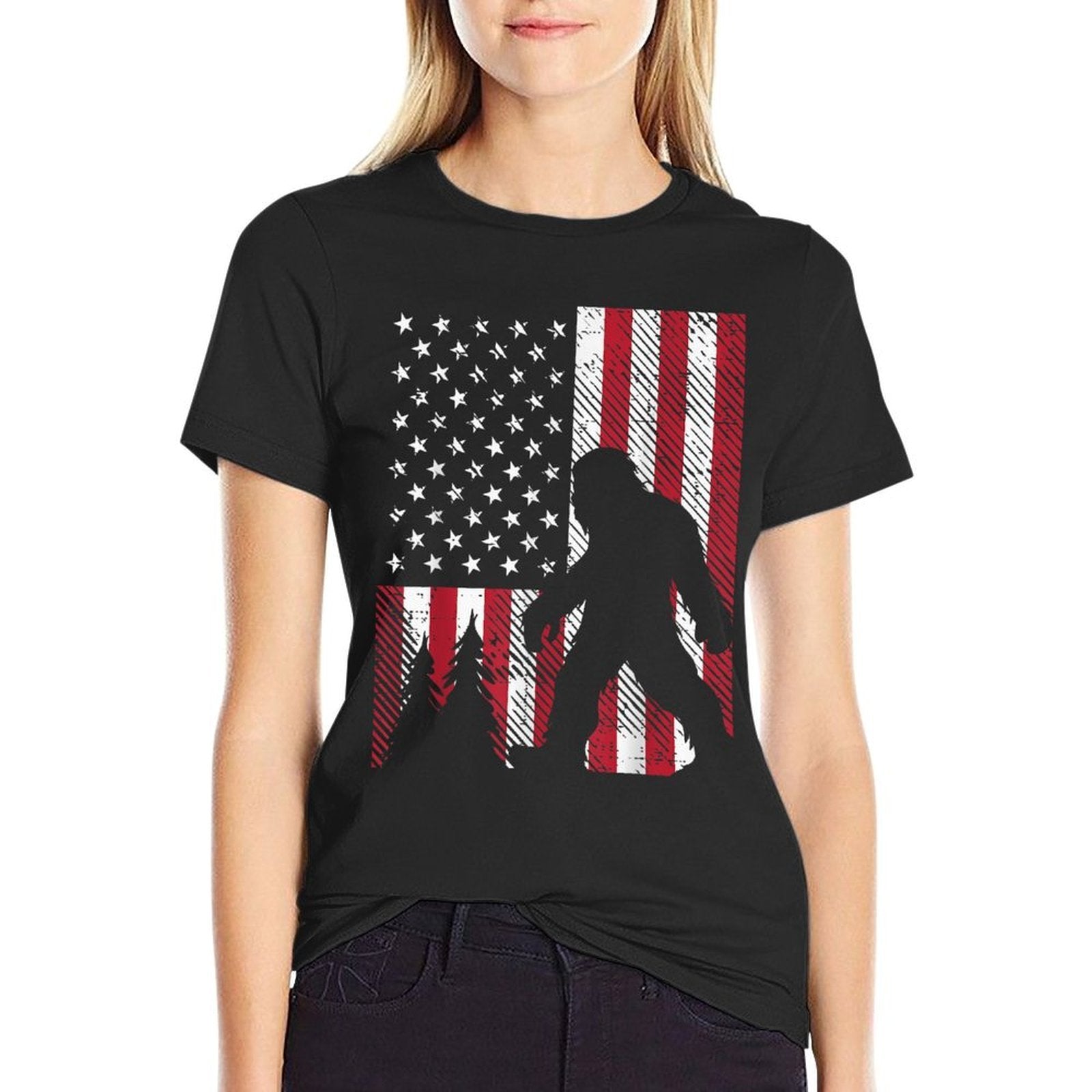 4th July Bigfoot Sasquatch US Patriotic Men Women Kids  Cotton T-Shirt