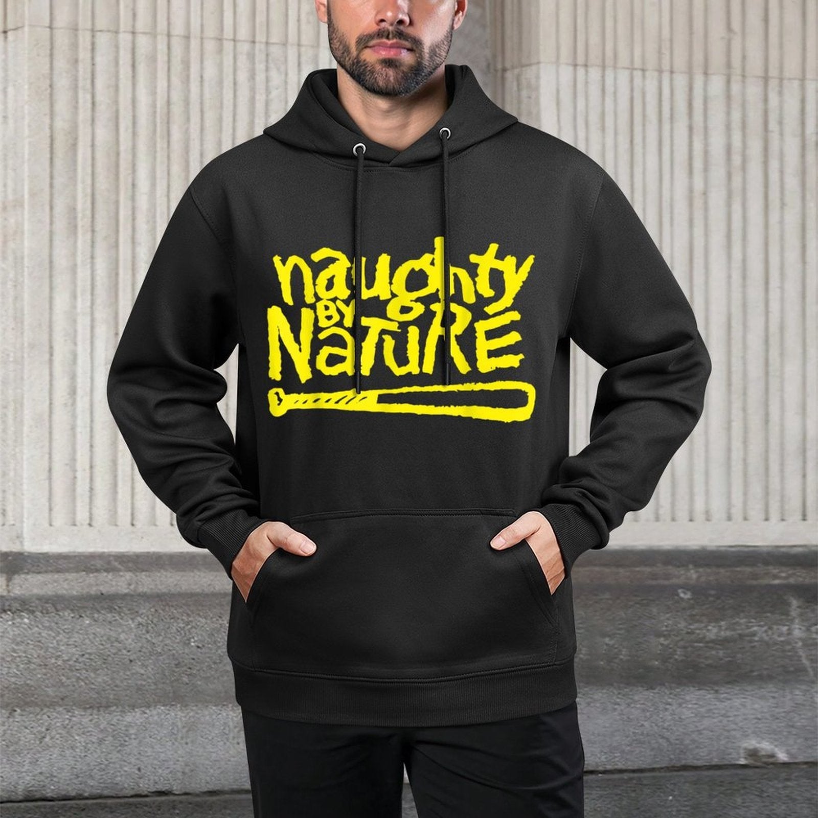 Naughty By Nature – Yellow Logo Black Shape Retention Hoodie