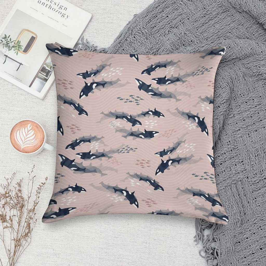 Orca in Motion  Blush Ocean Pattern Soft Hidden Zipper Throw Pillow