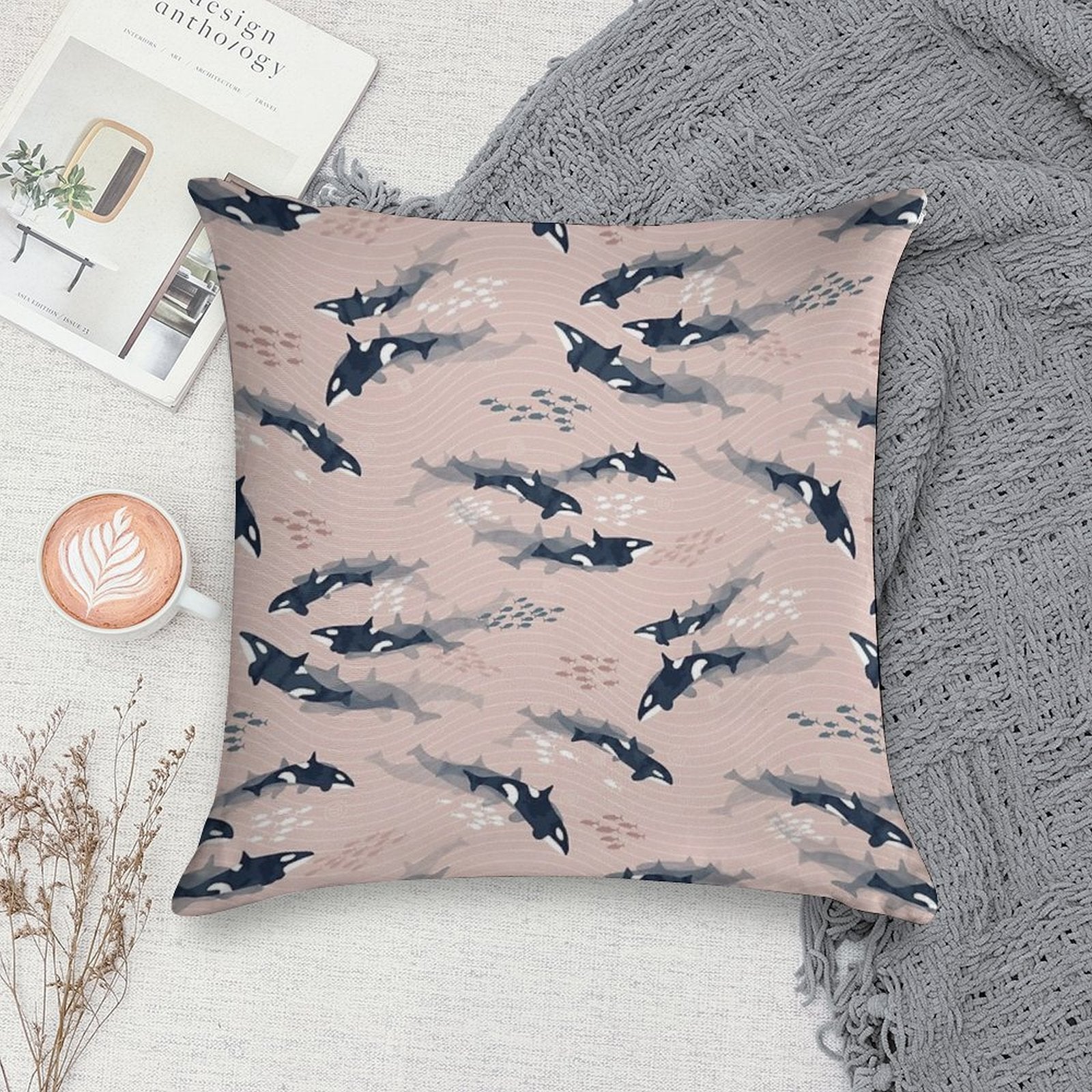 Orca in Motion  Blush Ocean Pattern Soft Hidden Zipper Throw Pillow