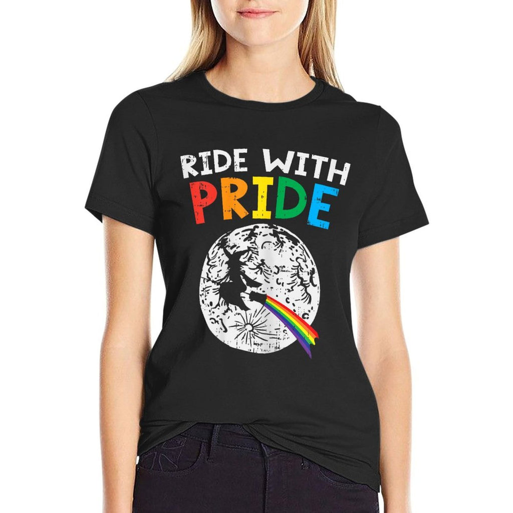 Ride With Pride LGBT Lesbian Witch Gay Rainbow Halloween  Fade-proof Color T-Shirt