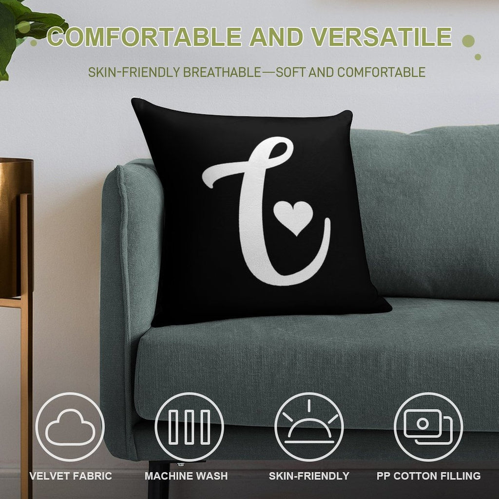 White And Black Letter C Initial Name Minimalist Heart Monogram Graphic Cute Shaped Cool Design on Black Background Soft Hidden Zipper Throw Pillow