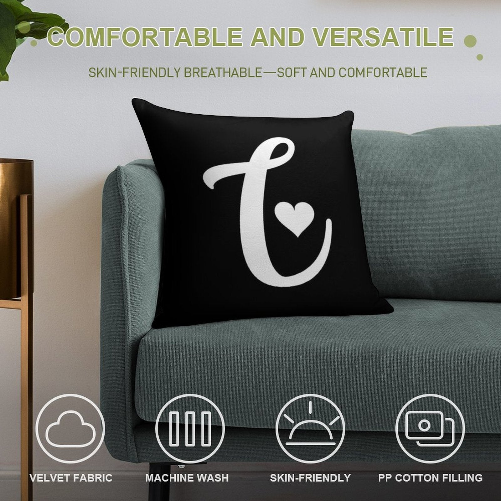 White And Black Letter C Initial Name Minimalist Heart Monogram Graphic Cute Shaped Cool Design on Black Background Soft Hidden Zipper Throw Pillow