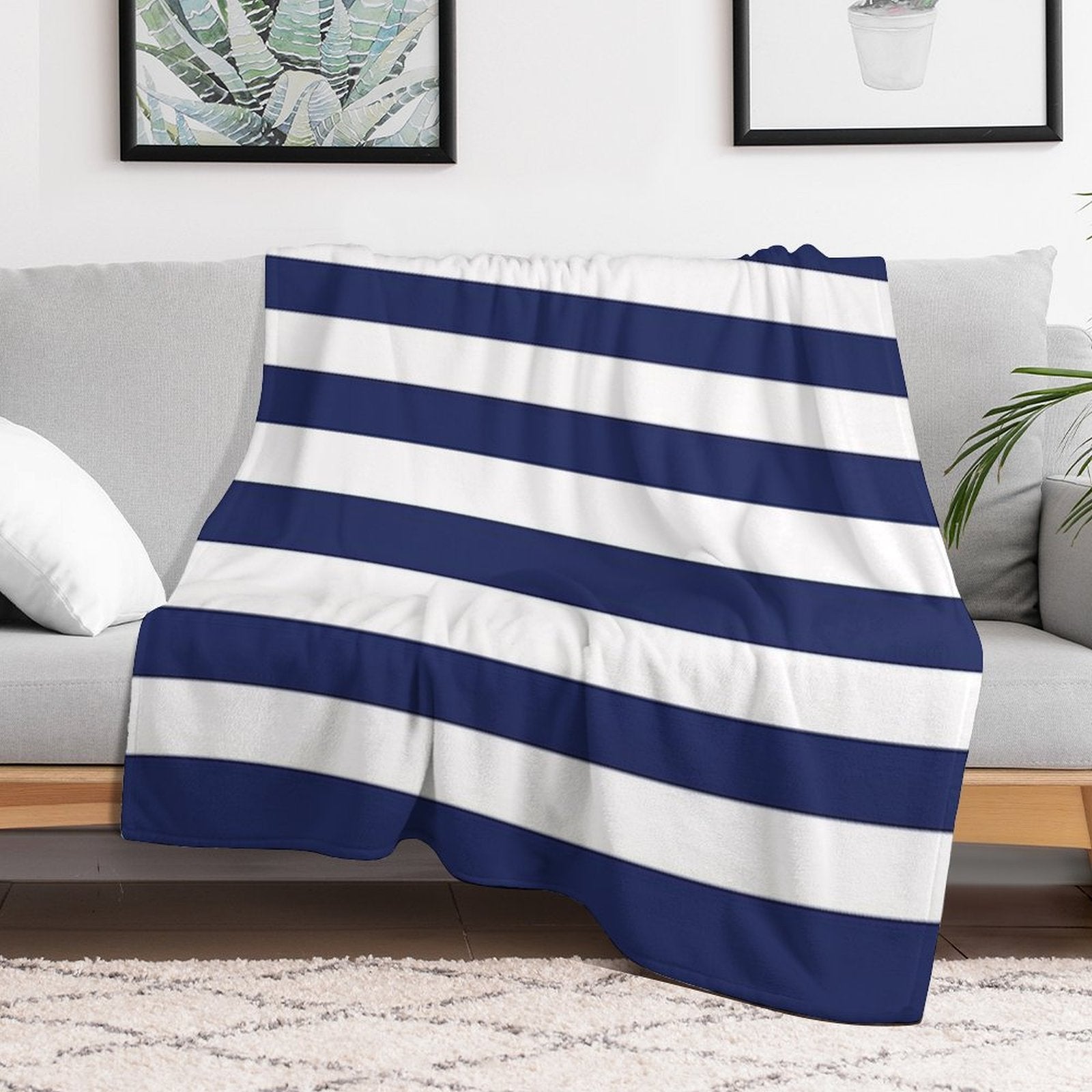 Navy Blue And White Stripes Machine-washable Throw Blanket