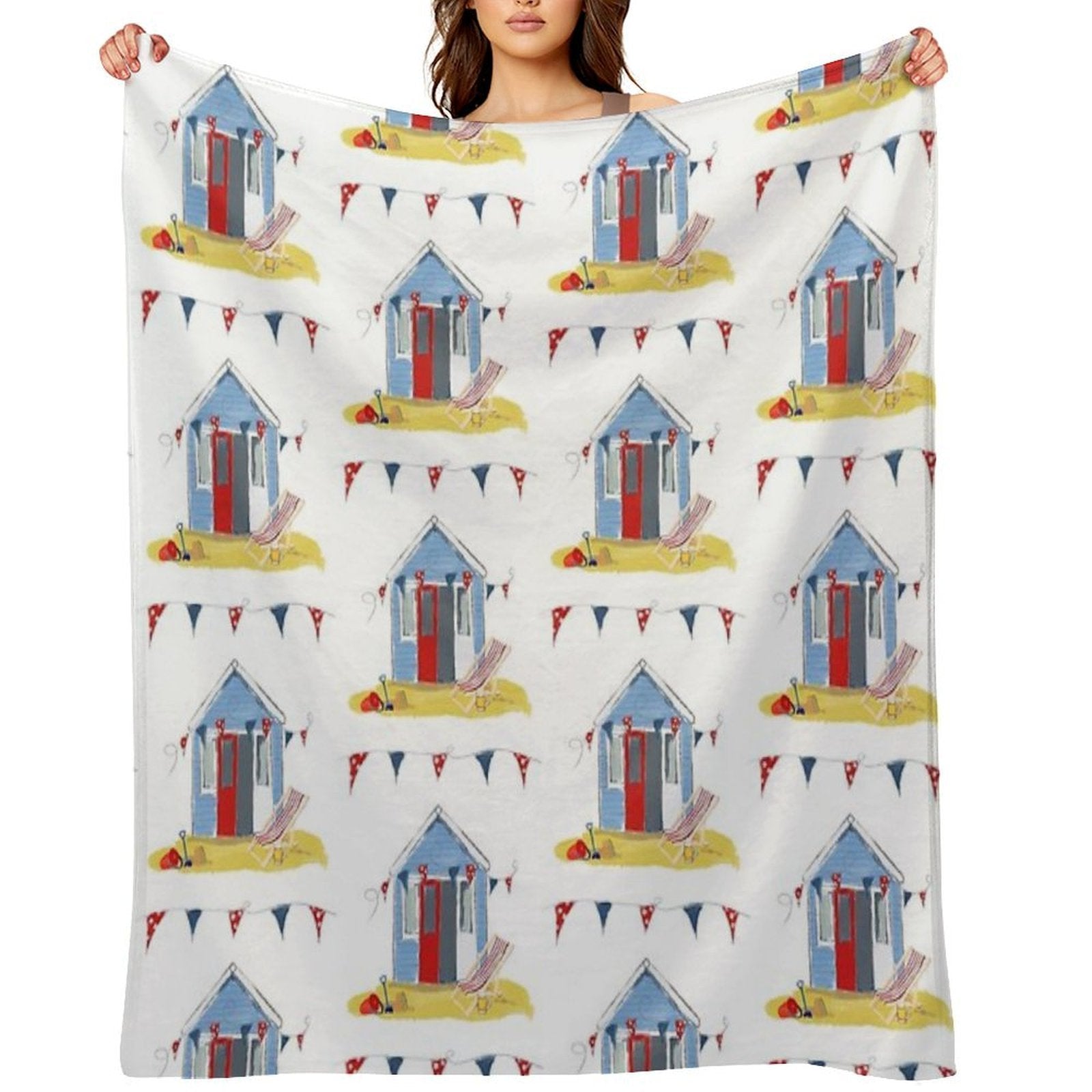 #Beach Hut Seaside Easy Care Throw Blanket