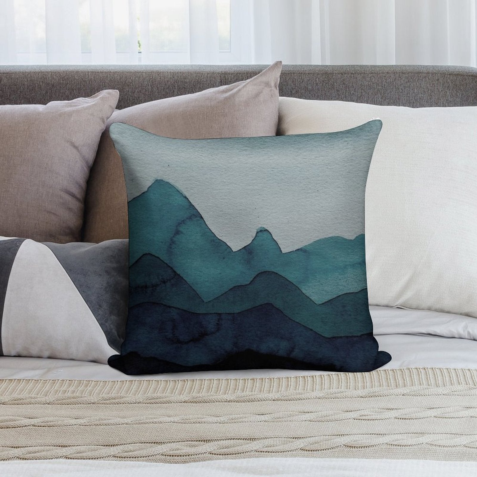 Mountains in Petrol, Blue, Turquoise, Green, Azure, Gray, Black Soft Style Accent Throw Pillow