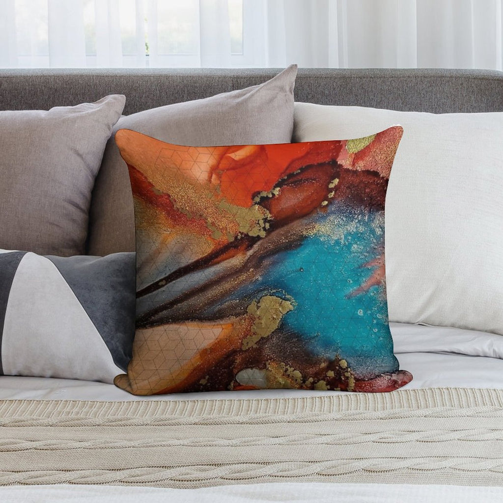 Rust, Aqua Blue, Brown & Gold Metallic  - Fluid Artist - Abstract Modern Art Alcohol Ink Painting Soft Easy Maintenance Throw Pillow