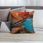 Rust, Aqua Blue, Brown & Gold Metallic  - Fluid Artist - Abstract Modern Art Alcohol Ink Painting Soft Easy Maintenance Throw Pillow